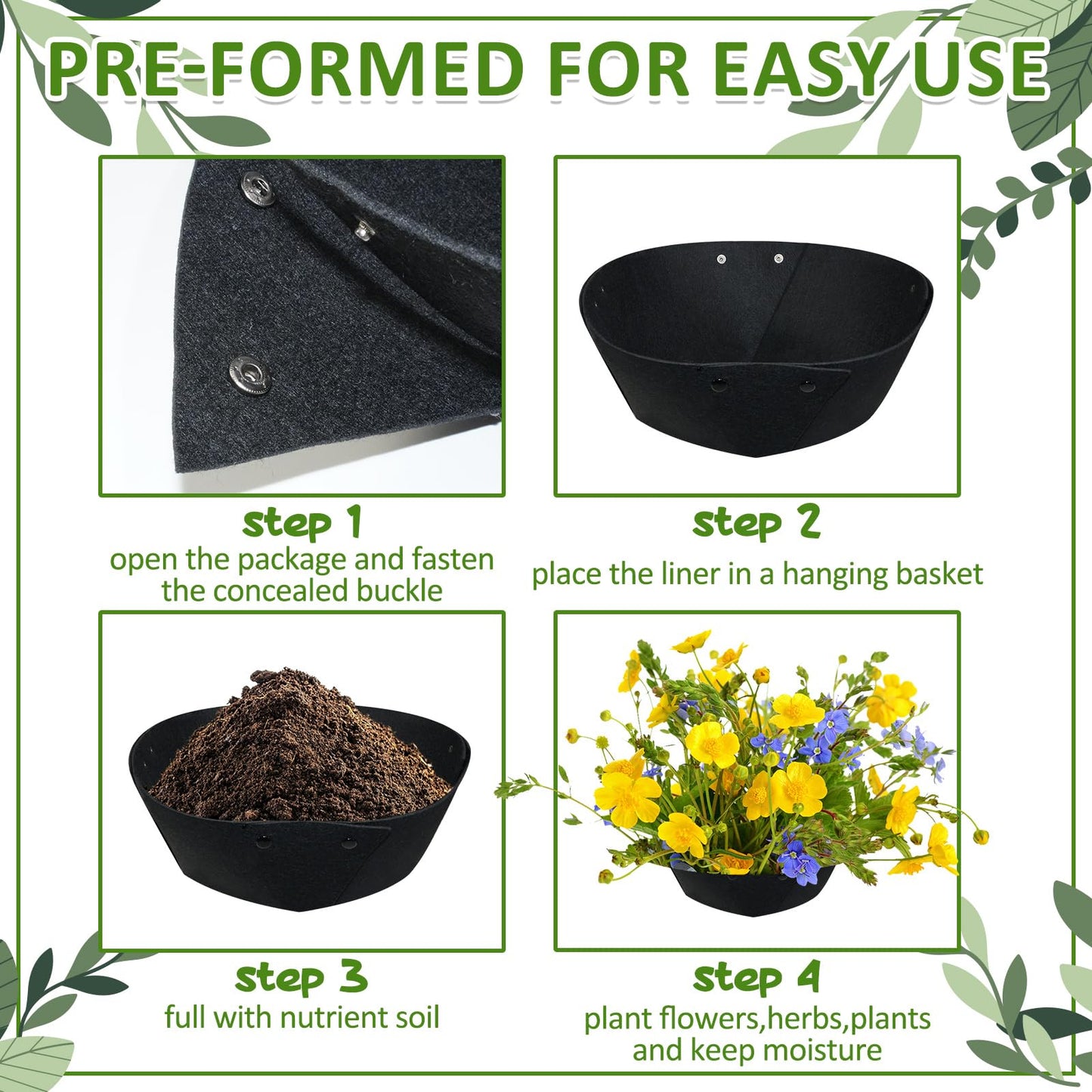 AHFCANG 14Inch Round Fabric Planter Liners (4pcs), Felt Flower Pot Liners for Hanging Baskets, Planter Liner for Garden Flower Vegetables Plant Indoor/Outdoor (Black)