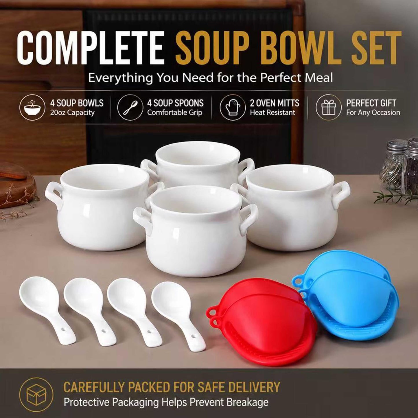 20oz French Onion Soup Bowls with handles Set of 4, 2 Mitts & 4 Spoons Included, Ceramic Oven Safe,Perfect for Soups, Chicken, Vegetable, Beef, Oatmeal, Chili, Corn, Clam, Pumpkin & More (White)