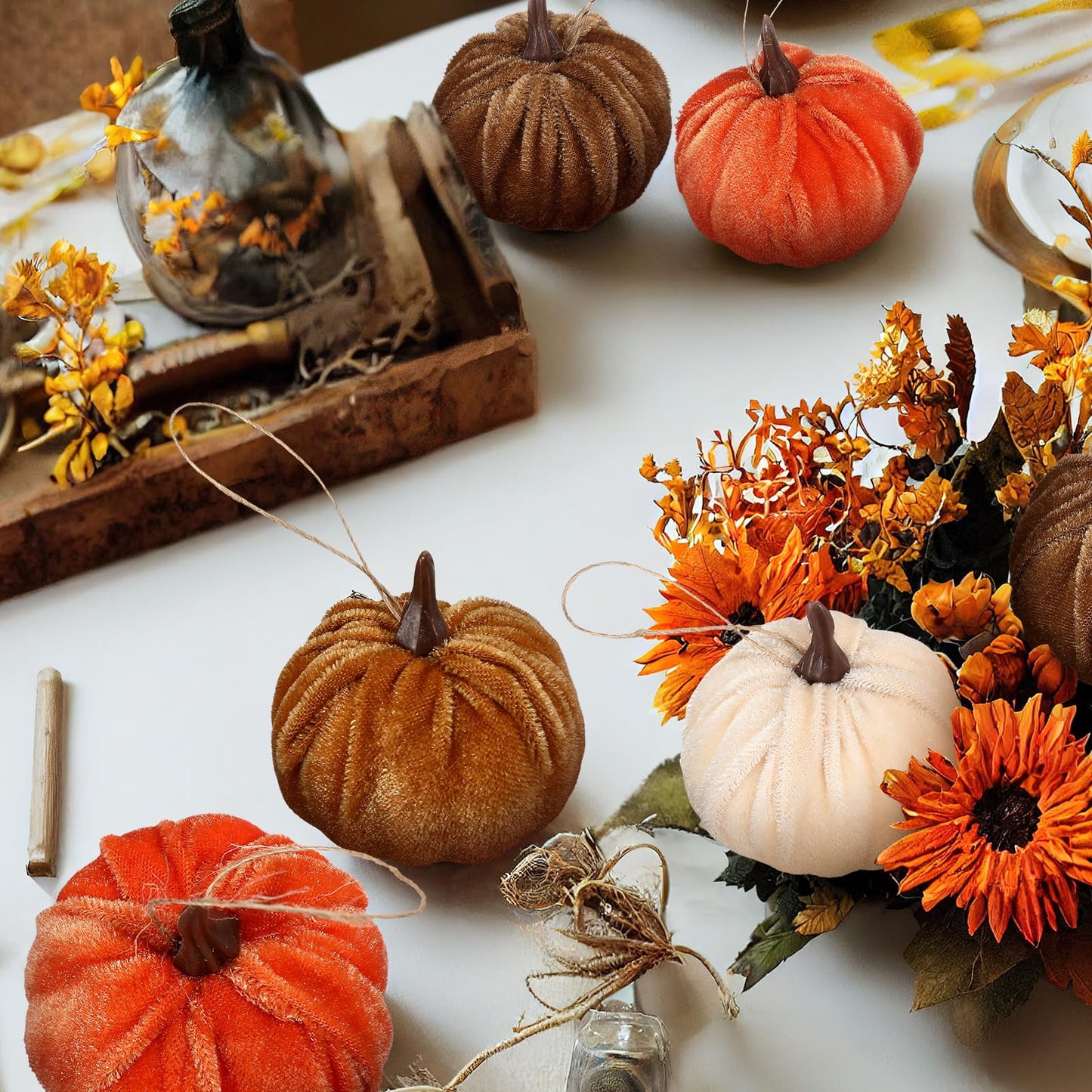 Vercraft 12 Pcs Thanksgiving Pumpkin Hanging Ornament 2 Inches Velvet Thanksgiving Fall Tree Decorations Fabric Small Tree Decorations for Farmhouse Harvest Autumn Home Party Decor(Neutral)