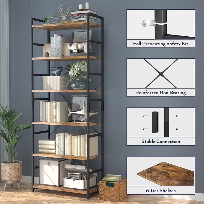 NUMENN 6 Tier Bookshelf, Tall Bookcase Shelf Storage Organizer, Modern Book