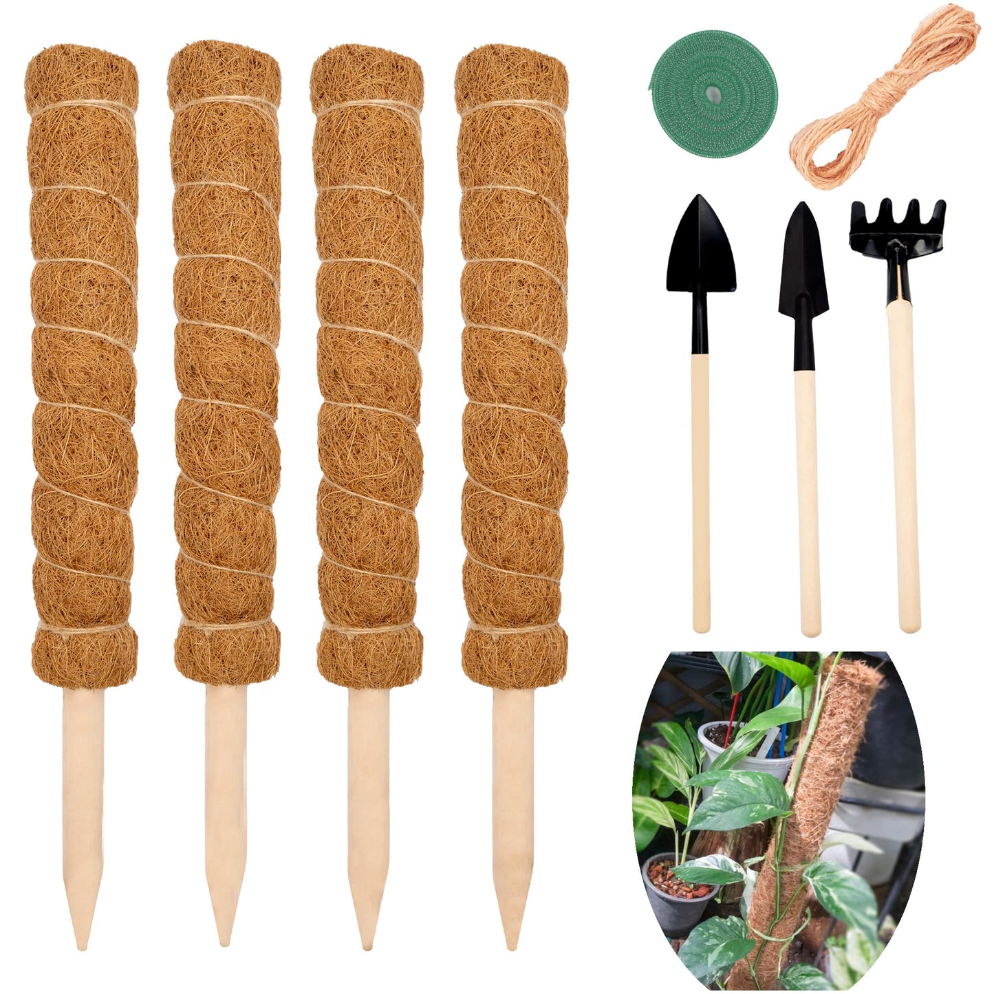 XIRENE 4 Pcs Moss Pole Extending to 51.1 Inches for Plants Monstera, Coco Coir Moss Sticks for Indoor Plants Support Stakes for Climbing Plants Grow Upward with Jute Rope, Tool Set and Hook-Loop Strip