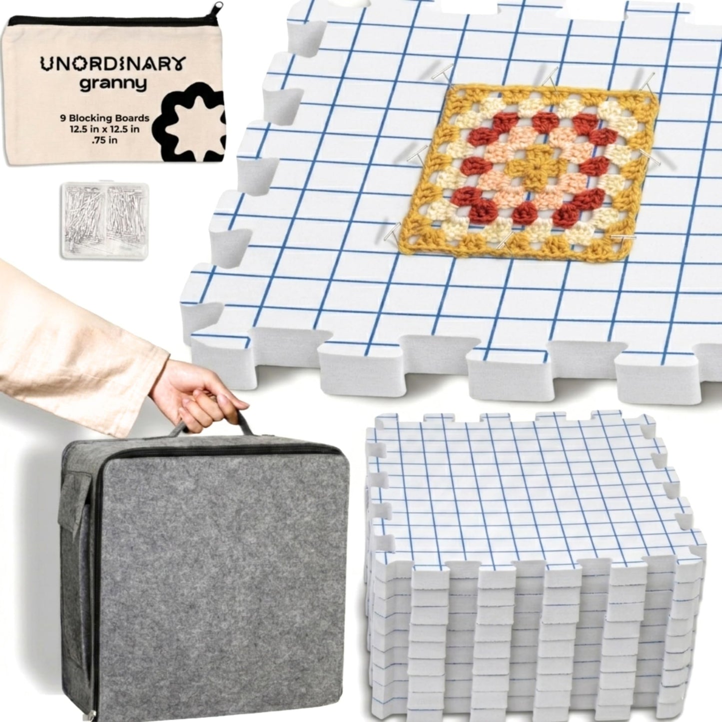 Unordinary Granny Crochet Blocking Board Set – 9 Extra Thick Interlocking Mats with Grid, 150 T-Pins, Felt Storage Bag and Cotton Pouch (Soft White)