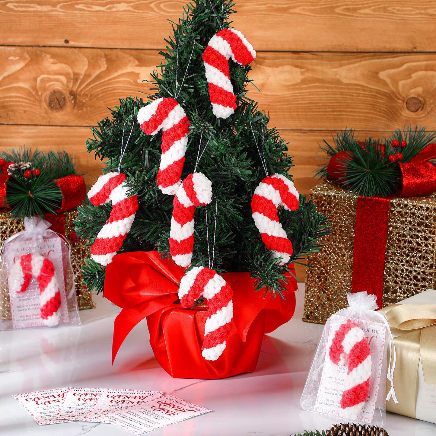 Hollowfly 24 Sets Christmas Crochet Candy Cane Ornaments Bulk Christmas Appreciation Gifts Handmade Crochet Doll Pendant with The Legend of The Candy Cane Cards for Coworker Employee Teacher Office