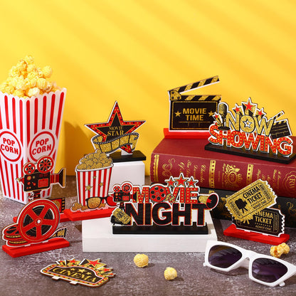 Blosssound 9 Pcs Movie Night Party Decorations Movie Theme Wooden Table Centerpieces Theater Now Showing Table Sign Cinema Popcorn Star Tabletop Decor for Home Film Birthday Party Supplies