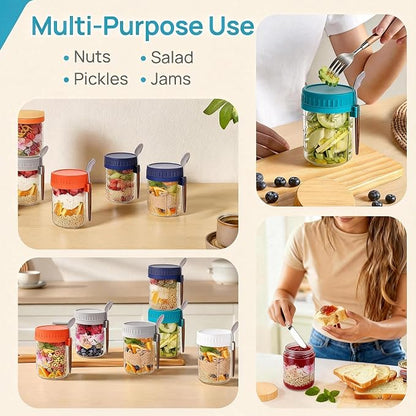 6 Pack Overnight Oats Containers with Lids and Spoons, 16 OZ Glass Oatmeal Container With Measurement Marks for Chia Pudding, Yogurt, Breakfast, Airtight Leak Proof, Clear