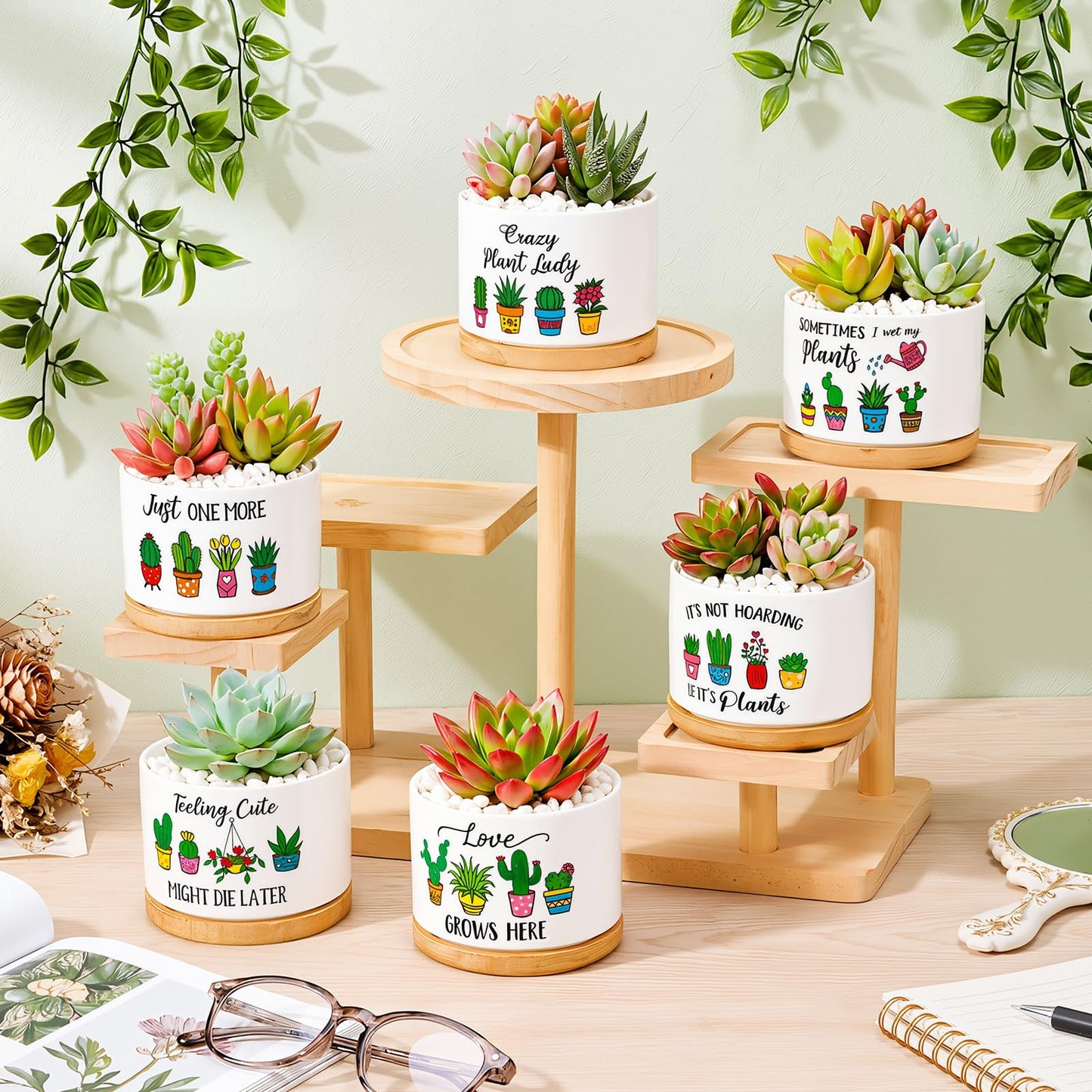 Acellegic 6 Pcs Funny Succulent Plant Pots with Bamboo Trays Mini Ceramic Flower Pots Cute Cactus Planters for Indoor Women Plant Lovers Nurse, Plants Not Included