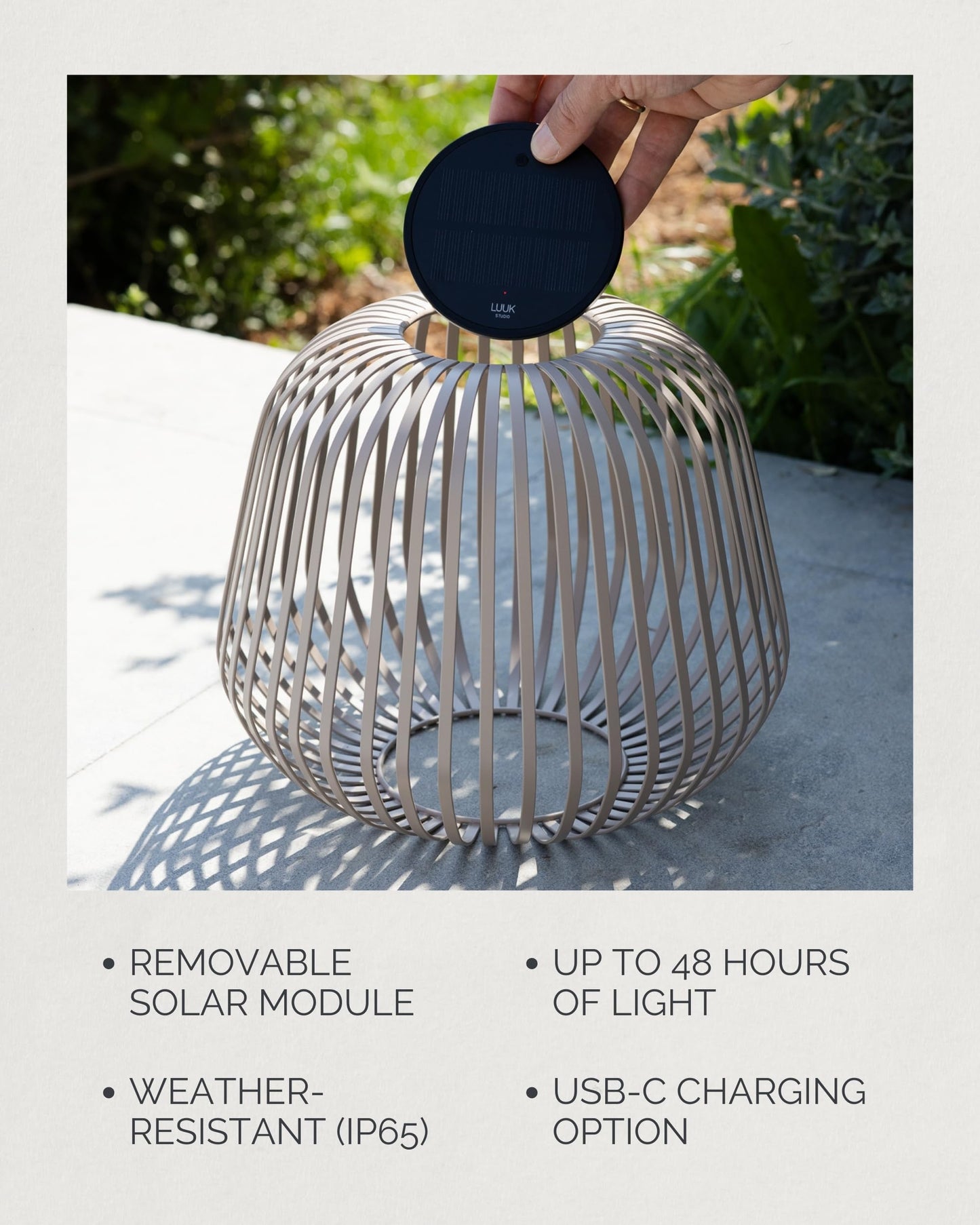LUUK Studio SOLIS Wireless Solar LED Bedside Lamp, Warm White Dimmable Glow, Cordless Indoor Lantern & Outdoor Light, USB-C Rechargeable, Bedroom, Balcony, Patio, Soft Contemporary, Warm Taupe, Size M