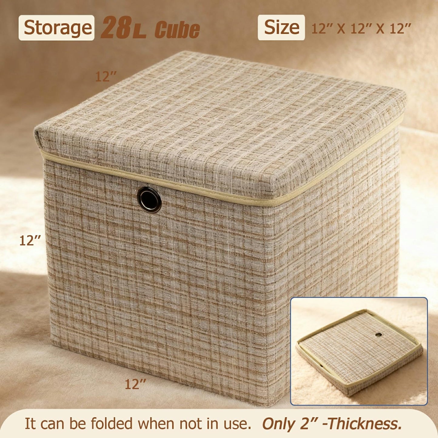 modscape 2-Pack 12"x12" Fabric Storage Bins with Lids, Collapsible Storage Bins for Clothes Toys, Sturdy Storage Cube for Bedroom Closet Shelves Home Organization (Shining Beige, 2)
