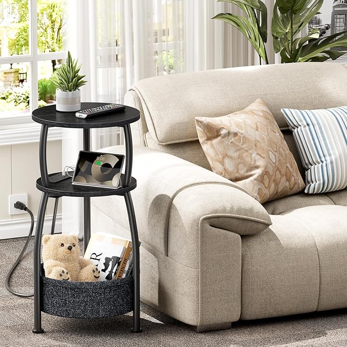 Round Side Table with Power Outlets, Small Coffee Table with S Basket, Space