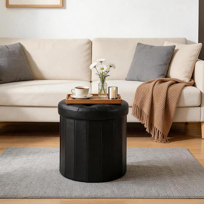 CAROLMADE Round Storage Ottoman, PU Leather Folding Footrest Stool