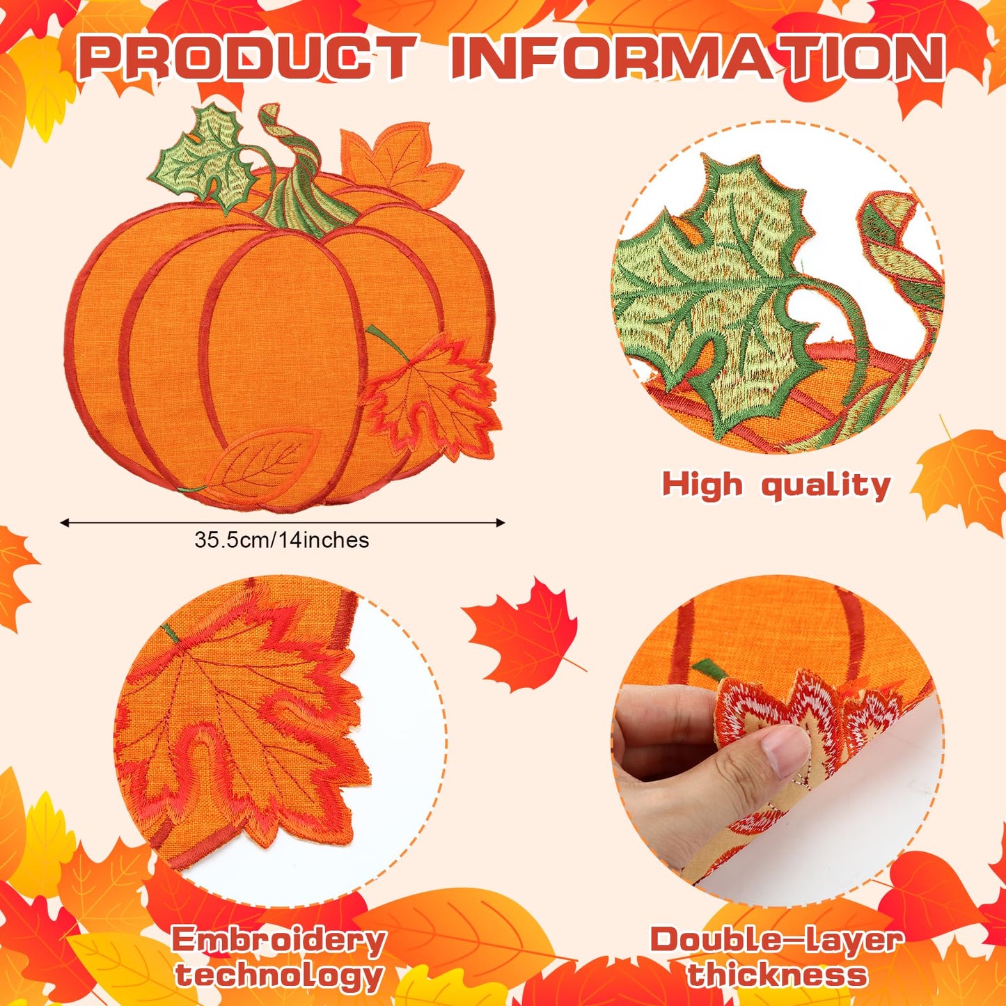 Yingzhao 6 Pcs Thanksgiving Fall Pumpkin Placemats Autumn Harvest Orange Table Place mats Embroidered 14'' Round Decorative Placemats for Holiday Party Kitchen Dinning Table Decorations