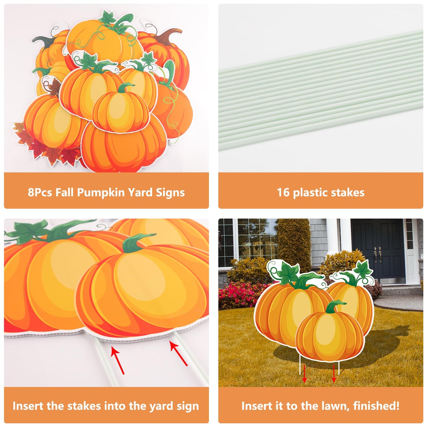 Arosche Fall Yard Signs with Stakes 8pcs Happy Fall Thanksgiving Decorations Outdoor Orange Pumpkins Harvest Garden Wall Porch Signs Seasonal Holiday Party Supplies Lawn Yard Decorations