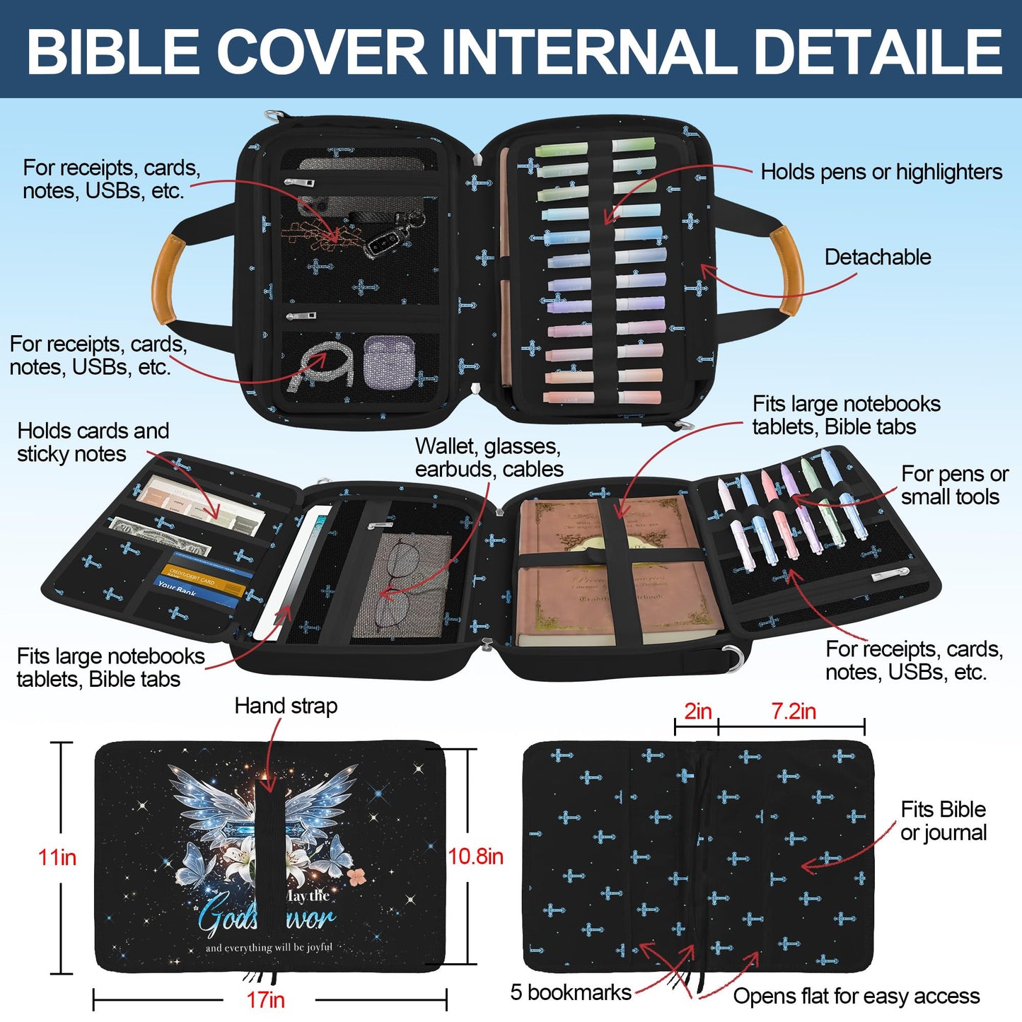 Bible Cover for Women Large Bible Cover Bible Carrier Bag for Women Organizer Cross Bible Study Supplies Journaling Kit Book Carrying Case with Bible Highlighters Shoulder Strap Christian Gifts