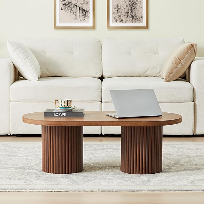 Oval Fluted Coffee Table, Farmhouse Wood Coffee Table Mid Century Modern Center
