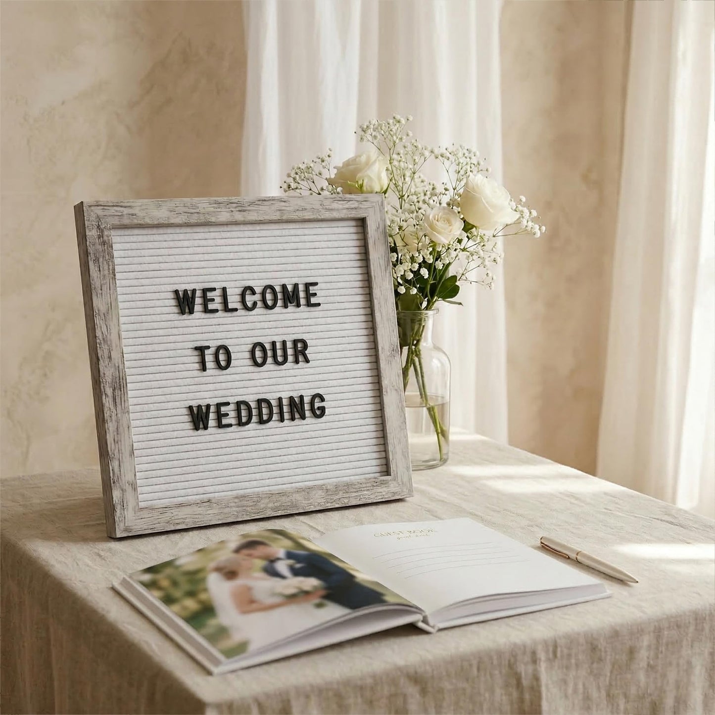 C CRYSTAL LEMON Rustic White Felt Letter Board 10x10 Inch, 336 Letters Numbers & Symbols, Changeable Message Board with Wooden Frame, Wall Mount or Stand