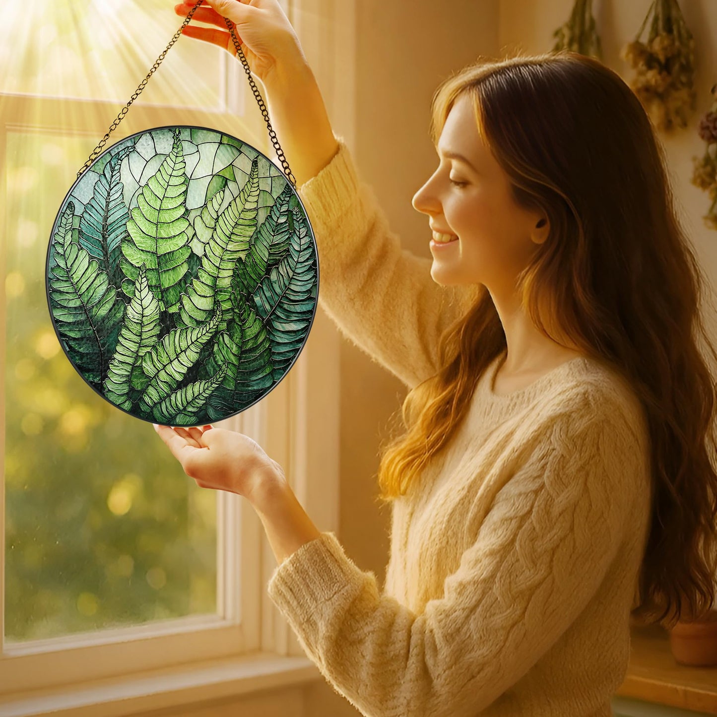 LAOWEIKI 8'' Fern Plant Sun Catcher Ornament, Stained Glass Window Hanging, Sun Catchers for Windows Hanging Ornaments, Window Decor | Plant Lover Gifts, Housewarming Gifts