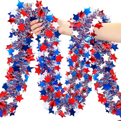 YunPuff 33Ft 4th of July Sequin Star Garland, Red White Blue Metallic Tinsel Twist Garland with 5-Pointed Stars, 2026 Patriotic Independence Day Decor for 250th Anniversary Home Staircase Porch