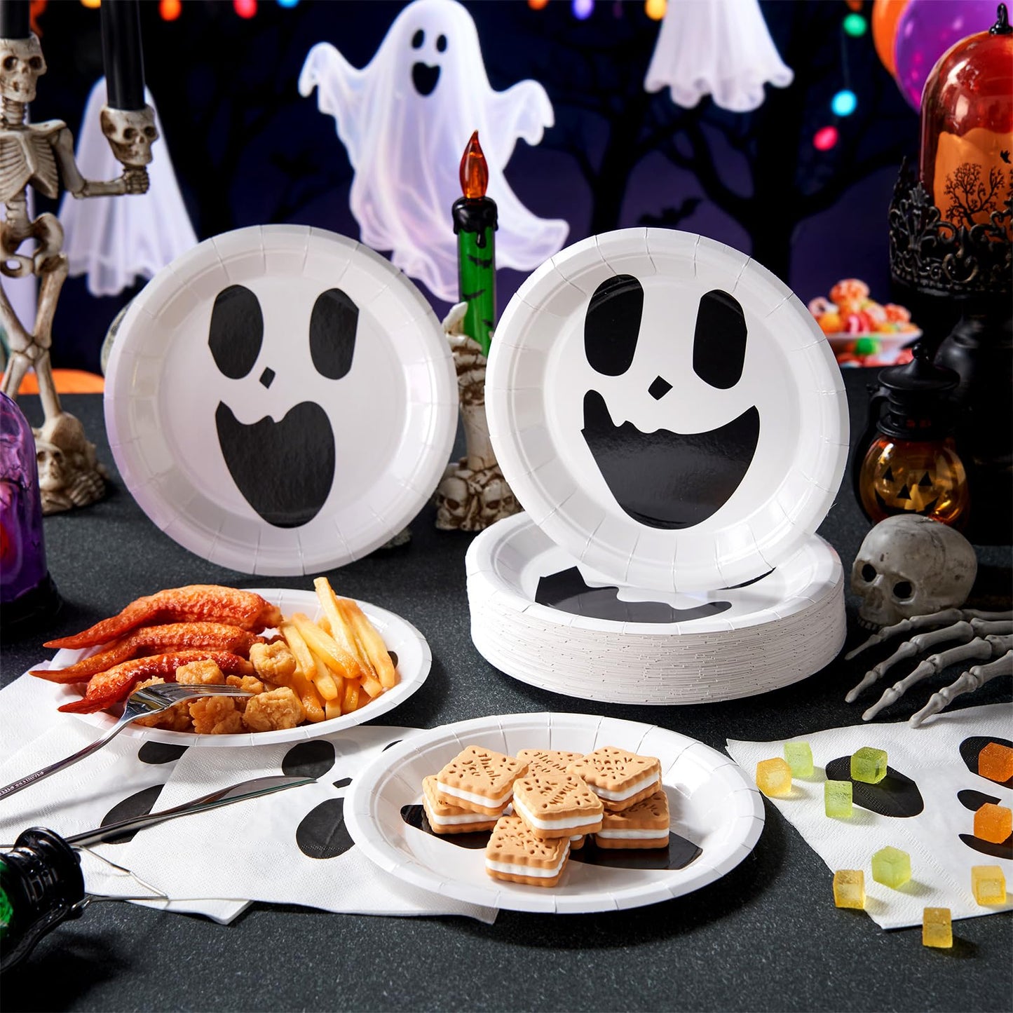 Roshtia 100 Pcs Halloween Paper Plates 7 Inch Round Decorative Ghost Dinner Plates Bulk for Trick or Treat Birthday Party Supplies