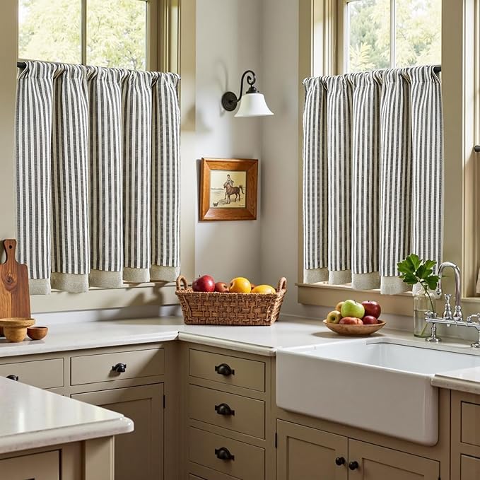 jinchan Double Layer Striped Linen Kitchen Tier Curtain Rustic Cafe for Living Room Bathroom Half Window Curtain Light Filtering Rod Pocket 1 Panel 36 Inch Charcoal Grey