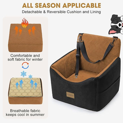 JOEJOY Dog Car Seats for Small Medium Dogs Under 35lbs, Dog Booster Seat with Detachable Washable Cover and Cushion, Memory Foam Pet Car Seat with Safety Belt and Storage Pockets (Brown)