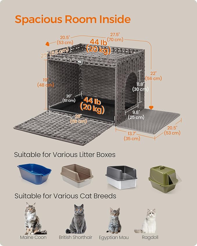 Feandrea Cat Litter Box Enclosure, Handwoven Rattan Hidden Litter Box Furniture