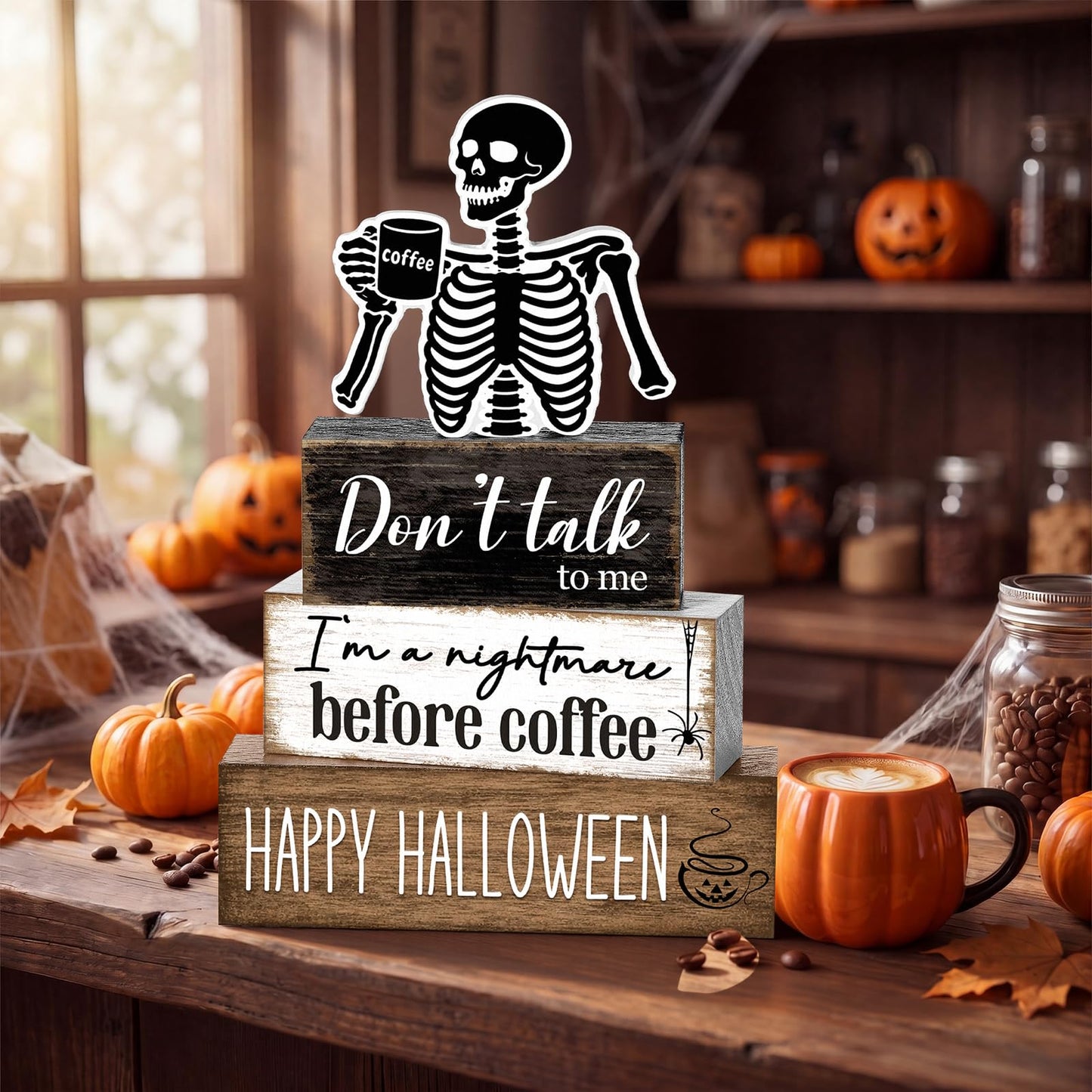 Marsui 4 Pcs Halloween Coffee Bar Decorations Skeleton Nightmare Before Coffee Tabletop Decor Funny Gothic Wooden Sign Block Halloween Table Centerpiece for Home Indoor Office Shelf Tiered Tray Decor