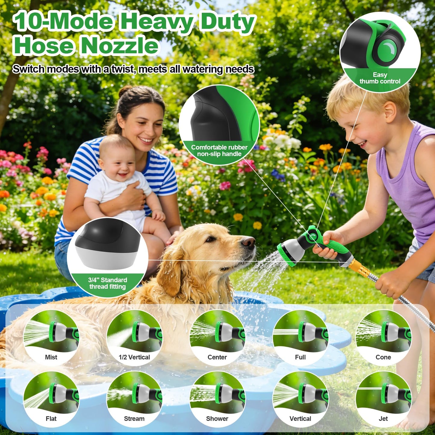 Garden Hose 50FT, Flexible Stainless Steel Metal Water Hose with 10-Function Nozzle, No-Kink, Leak-Proof, Wear-Resistant, 3/4 GHT, Easy to Use and Store for Garden, Yard, Lawn, Outdoor