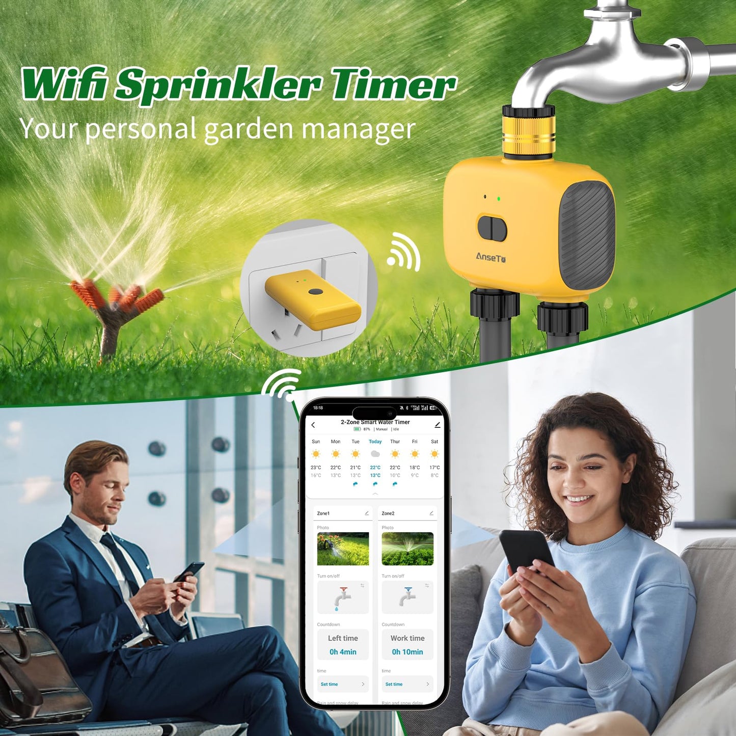 AnseTo WiFi Sprinkler Timer 2 Zone, Smart Water Timer for Garden with App Remote Control for Travel, Brass Inlet Smart Irrigation System for Outdoor Hose, Patios, Lawns, Flower Bed & Yard Care