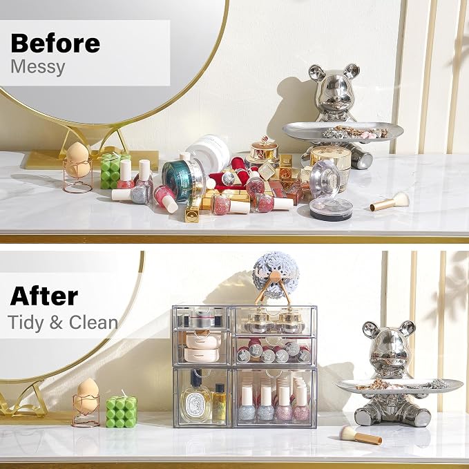 Prsildan Acrylic Drawer Makeup Organizer with 6 Drawers (Not for Baby Bottle), Set of 2 Office Desk Organizers Accessories, Clear Stackable Storage Drawers for Vanity, Craft (Largest Drawer 4" Tall)