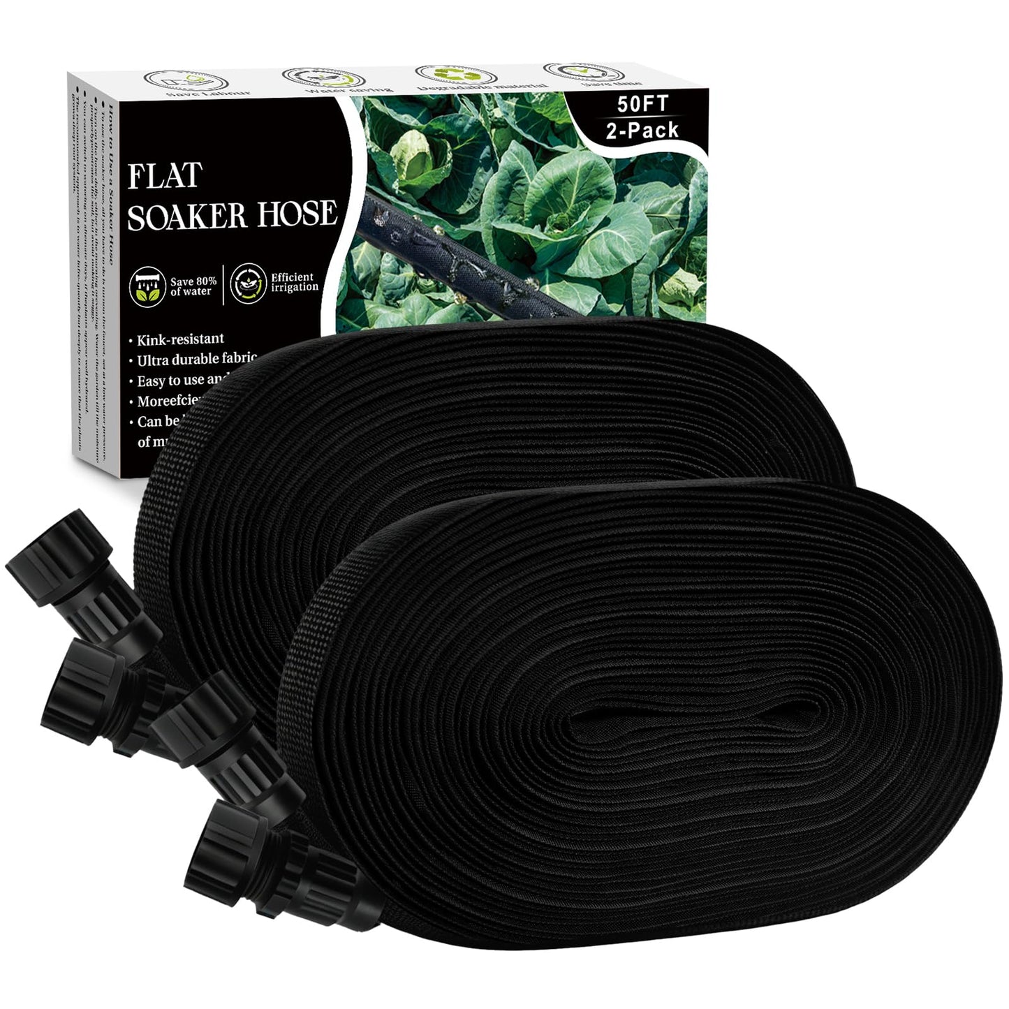 Soaker Hose 100FT, Thickened Flat Soaker Hoses For Garden 100 ft 2 pack, Drip Irrigation Hose Saves 80% Water, Leak-free Design Water Hose with Holes For Lawn, Flower Bed, Vegetable Field (50 FT x 2)