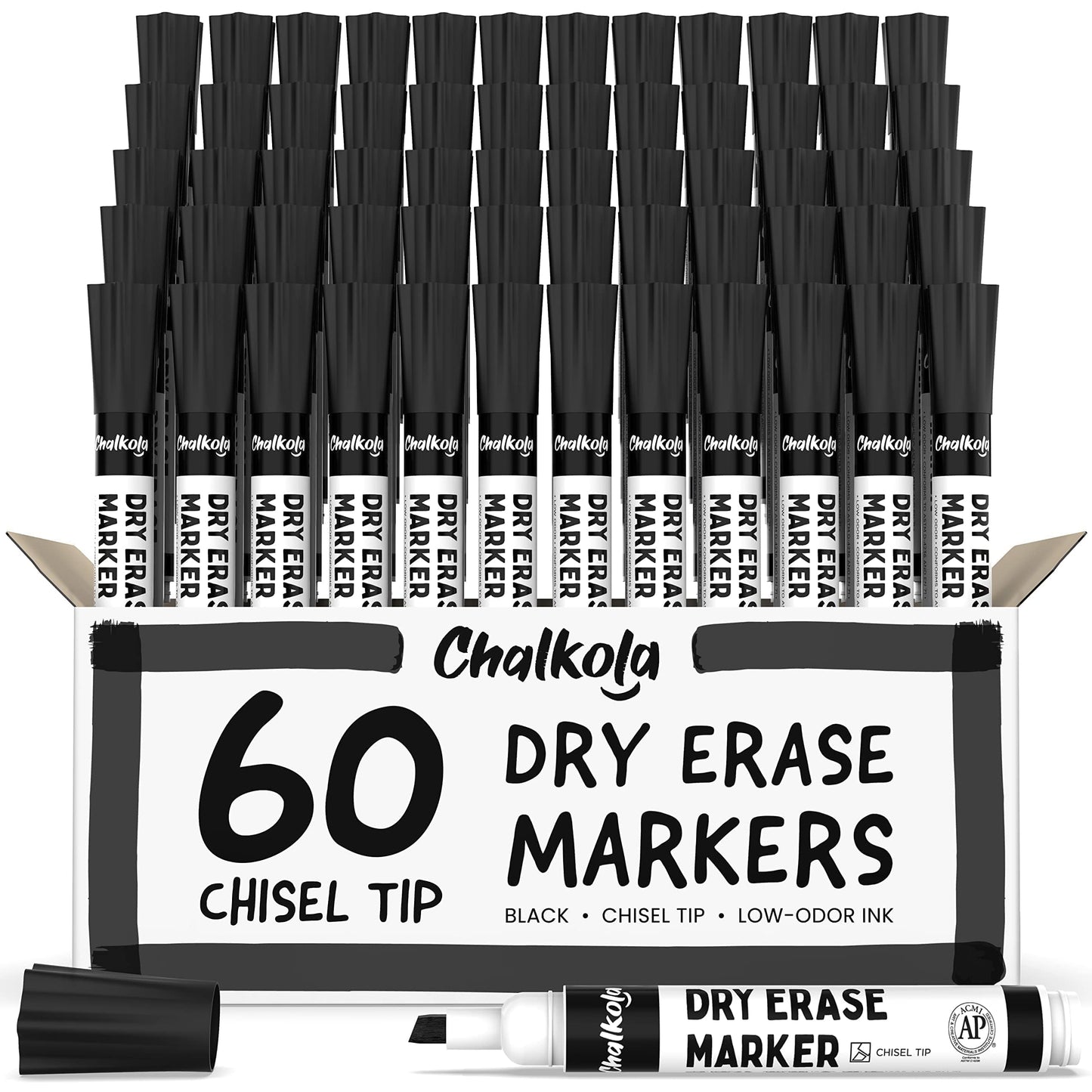 Chalkola 60 Black Dry Erase Markers Bulk Pack, Black Chisel Point White Board Marker Dry Erase Pens - Low Odor Whiteboard Markers for Kids, Home, Office, Back to School Supplies