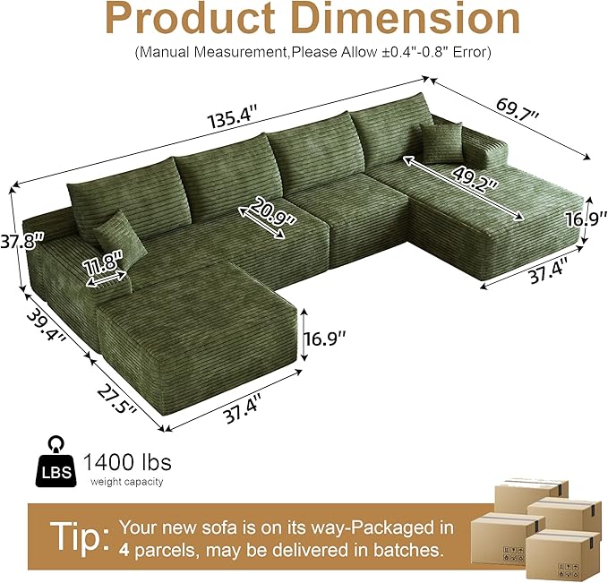 136" Sectional Couches for Living Room Cloud Couch Sofa