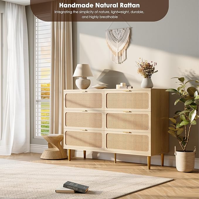 GarveeHome Rattan 6 Drawer Dresser