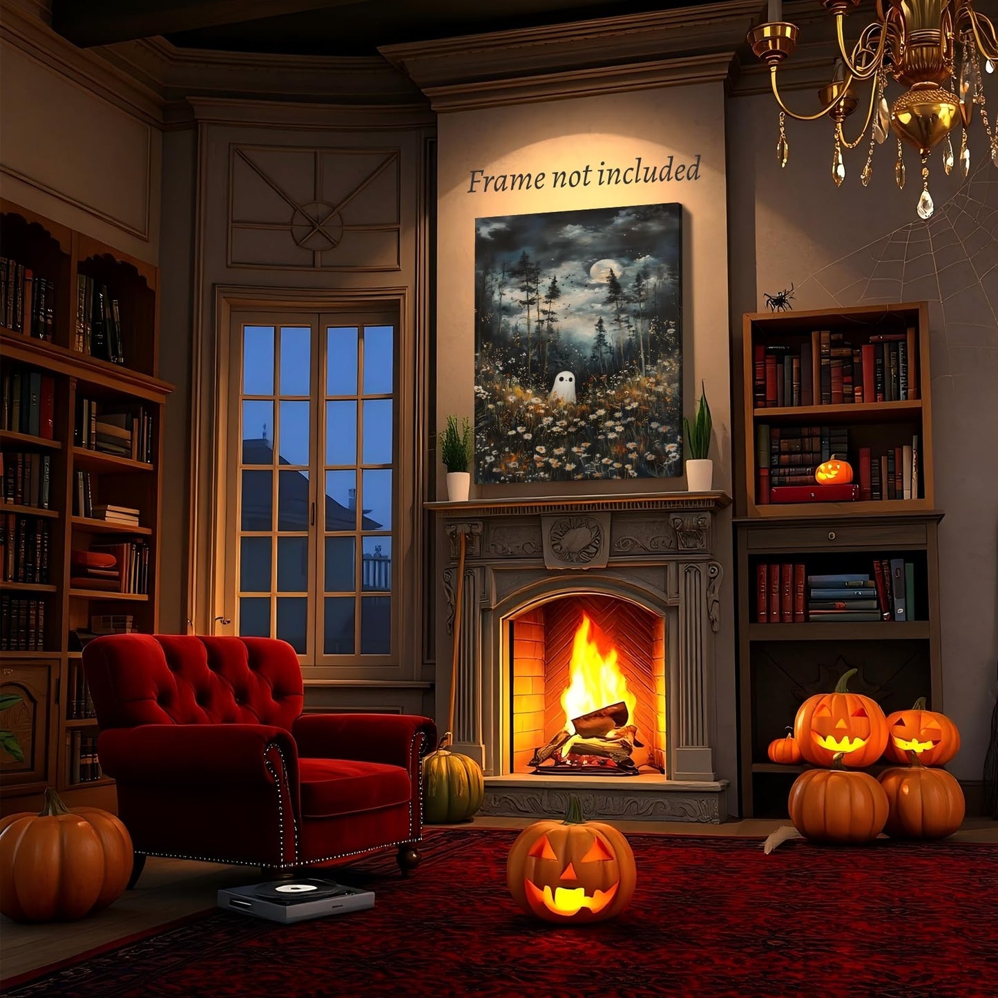 KBBYT Dark Academia Wall Art Ghost In Magical Forest Poster Spooky Halloween Wall Decor Ethereal Ghost Fall Floral Gothic Canvas Print for Witchcore Aesthetic Haunted Room Bedroom 16X24inch Unframed