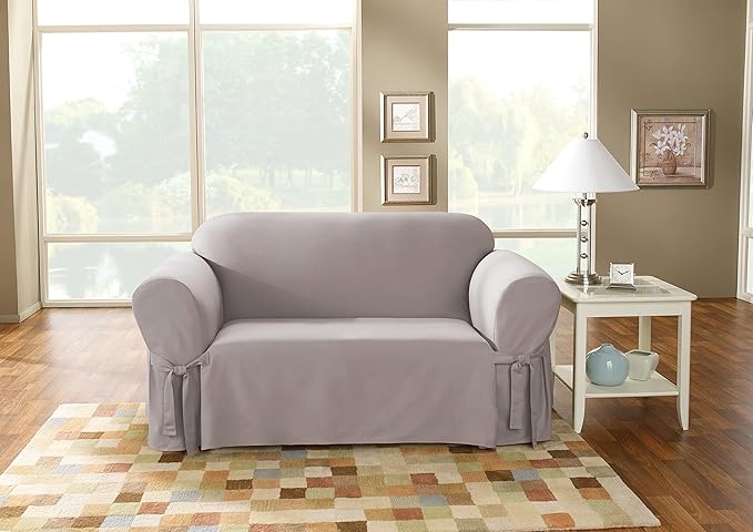 SureFit Cotton Duck Loveseat Box Cushion One Piece Slipcover, Furniture Cover