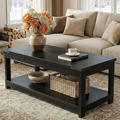 Homieasy 43.3” Rectangular Coffee Table with Storage Shelf, Farmhouse Wood Center Table for Living Room, Modern Black Tea Table with Open Shelf, Black