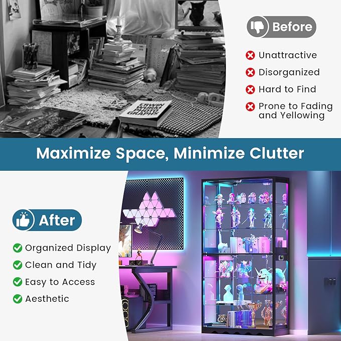 Large Display Cabinet with Glass Doors, 8-Tier RGB Curio Cabinet with Smart