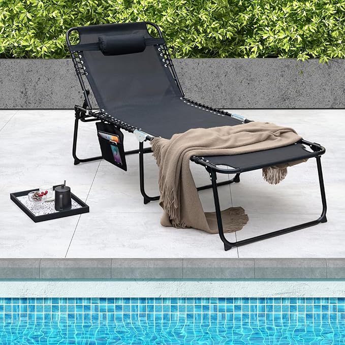 GYMAX Lounge Chair for Outside, 440lbs 27” Oversize Folding Beach Tanning