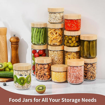 DRKIO 16 Oz Overnight Oats Containers with Bamboo Lids - 4 Pack Glass Storage Jars with Airtight Lids Wide Mouth Mason Food Jars Great for Meal Prep Salad Chia Pudding Snacks Yogurt Sugar Spice Cereal