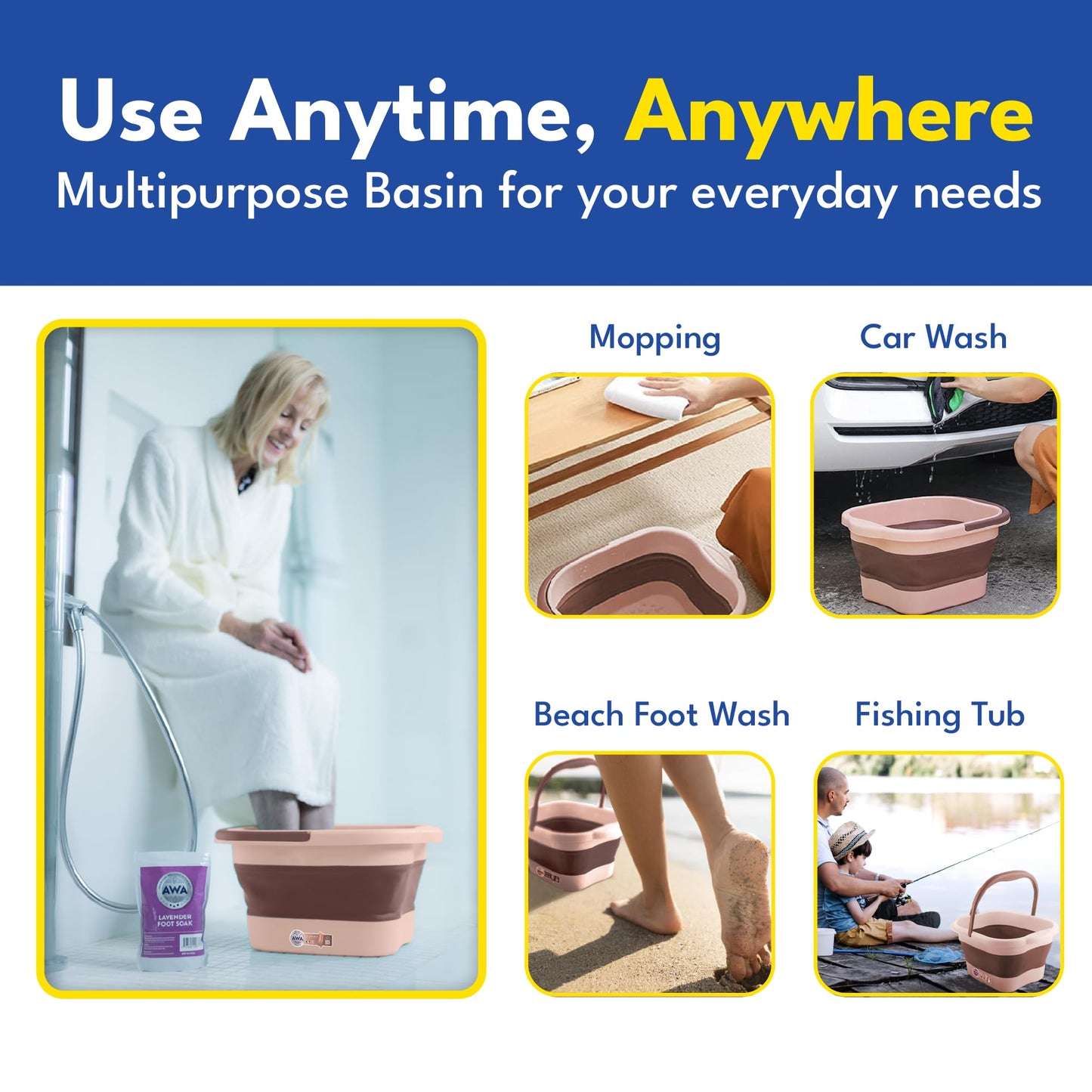American Wellness Authority AWA Extra Large foot bath basin - Sturdy plastic soak tub For Soaking feet and Pedicure At Home Spa Kit Women Men (Grey Basin), 1.0 Count