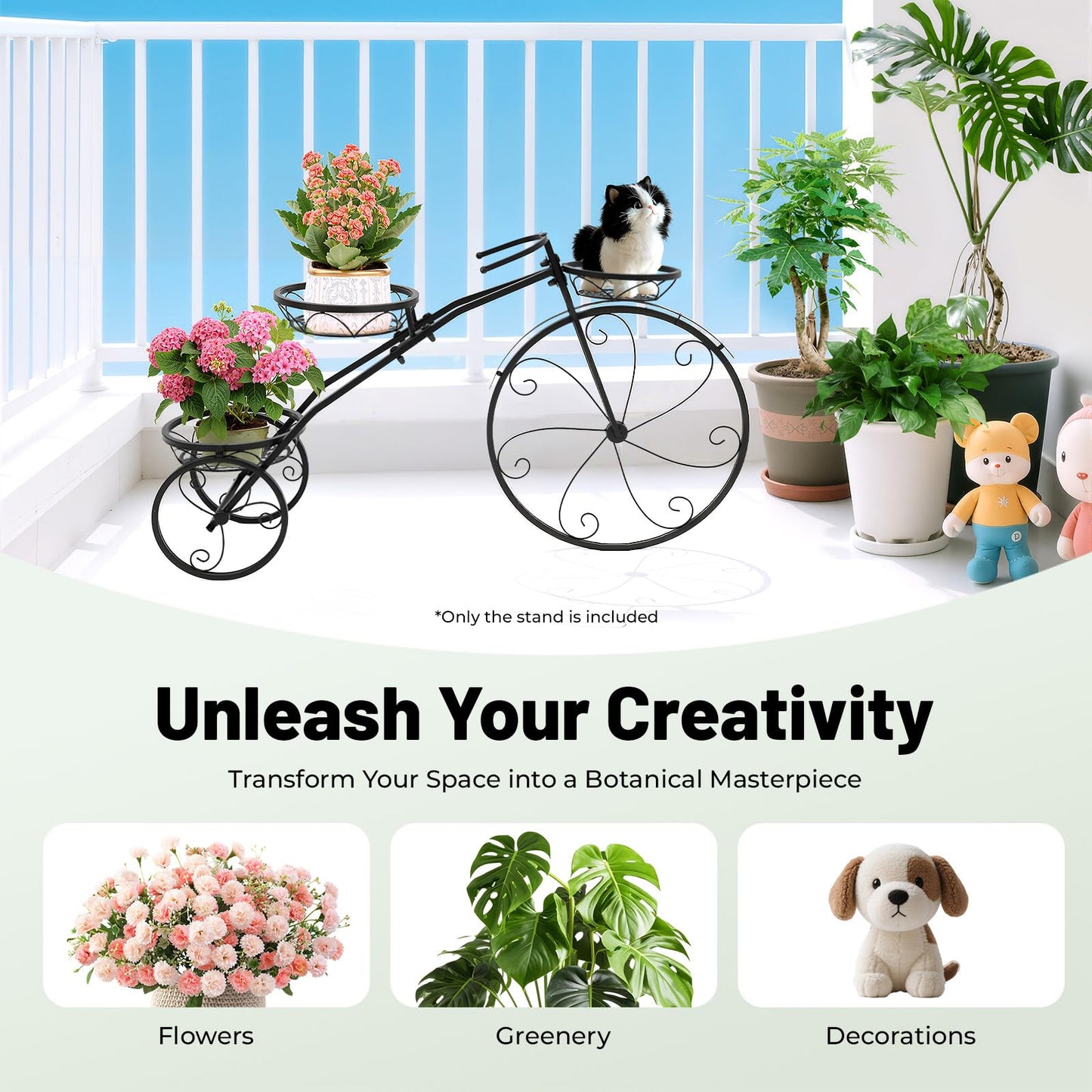 VNUIWDSG Three-wheeled Plant Stand Plant Corner Shelf, Iron Baking Paint Rust-Resistant, 22.05LBS Load 3 Fenced Baskets, Bicycle Design Easy Move, Living Room Garden