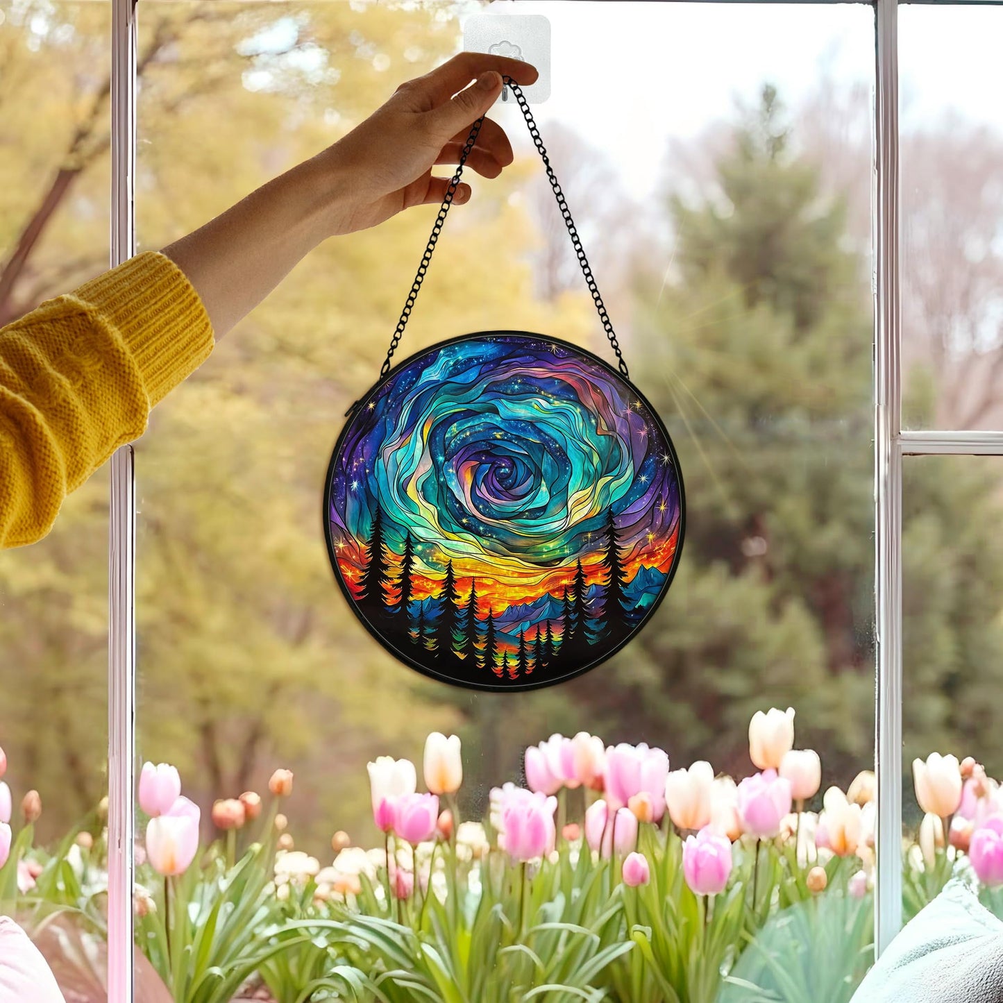 cvjutf Northern Lights Suncatcher Stained Glass Window Hanging Decor Ornaments, Nature Mountain Stained Glass Decor, Landscape Garden Lawn Sun Catchers Hanging Wall Art, Nature Lover Gifts,7.9x7.9In