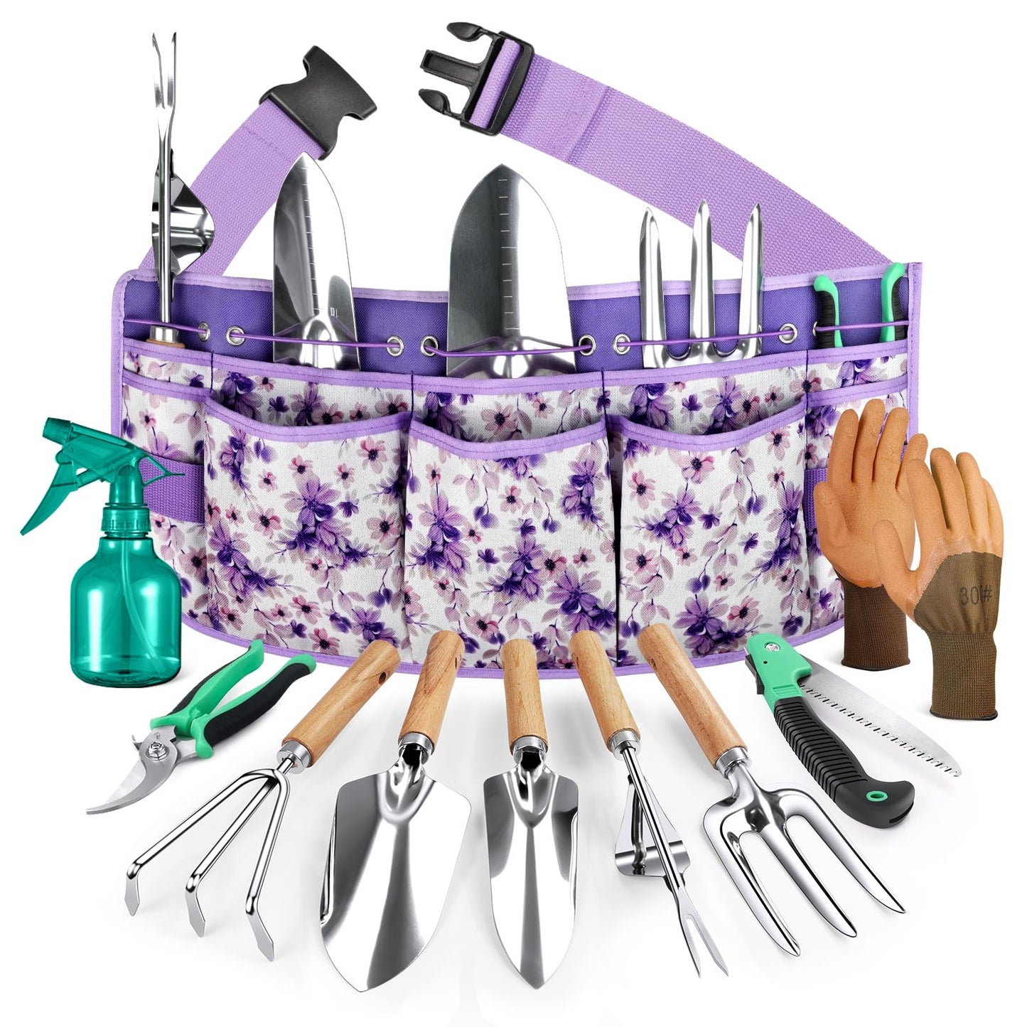 Grenebo All-in-One Garden Tool Set with Tools Organizer Belt Adjustable, 10-Piece Gardening Hand Tools, Long Lasting Rust-Proof Premium Garden Tool Kit, Gardening Gift for Women Men (Purple)