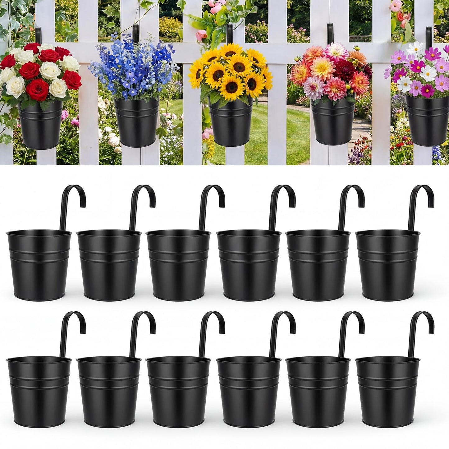 HowRU Hanging Flower Pots, Railing Planter Box for Outdoor Plants 12 Pack 5 Inch Metal Hanging Planters with Detachable Hooks Balcony Window Fence Garden Decoration Flower Boxes (Black)