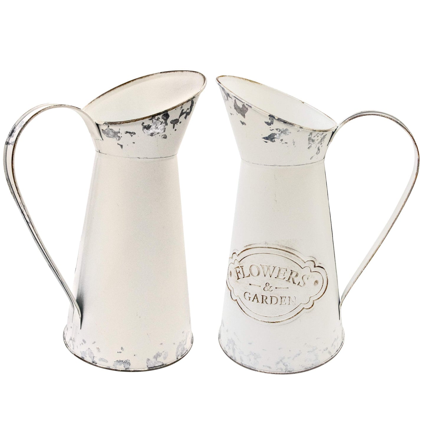 Soyizom Farmhouse White Metal Jugs for Shabby Chic Kitchen Decor, Tall Pitchers for Flowers, Rustic Bathroom Vases - Large, 11 H