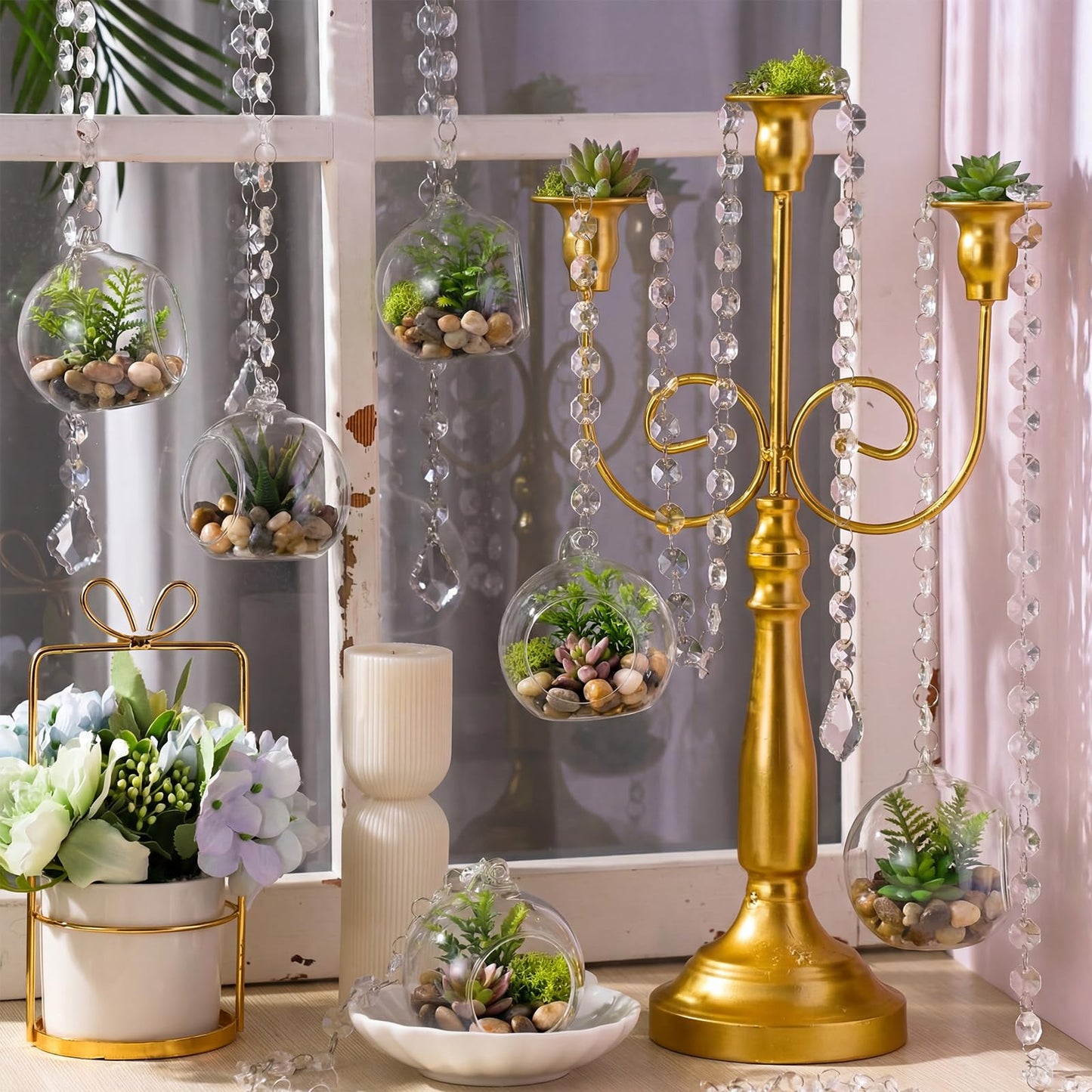 GlikCeil 112 Pcs 3.15'' Hanging Glass Tealight Holder with Clear K9 Crystal Garland Strands and Maple Leaf Pendants Globe Plant Terrariums Glass Orbs for Wedding Party Valentine Decoration