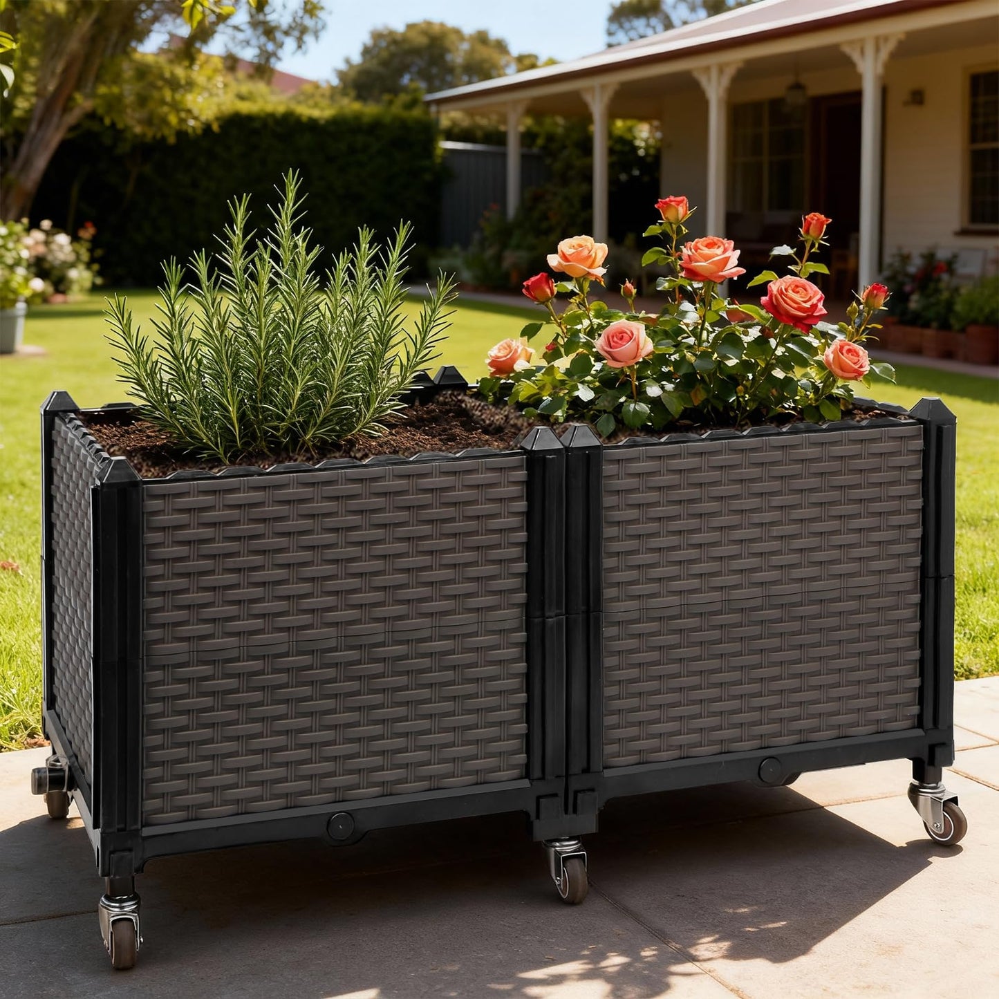 Ciao Stilista Raised Plant Box with Wheels 31.5"x15.7"x16.1", Raised Beds for Gardening Self Watering, Durable Metal Lockable Casters, Rectangular Garden Planter Perfect for Garden Patio Balcony Deck