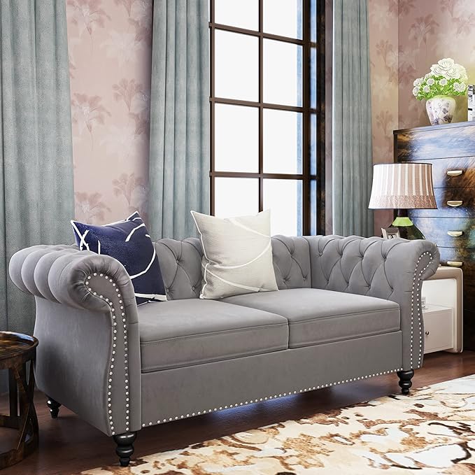 2 Piece Living Room Set, Velvet Chesterfield Sofa Loveseat Couch