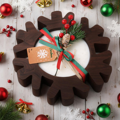 Potchen 1 Set Wooden Christmas Bowl Candle Gifts 14oz Large Rustic Wood Christmas Dough Bowl Candle with Berries Pine Label for Xmas Farmhouse Table Centerpiece Decor, 11.81 x 9.84 in(Snowflake)