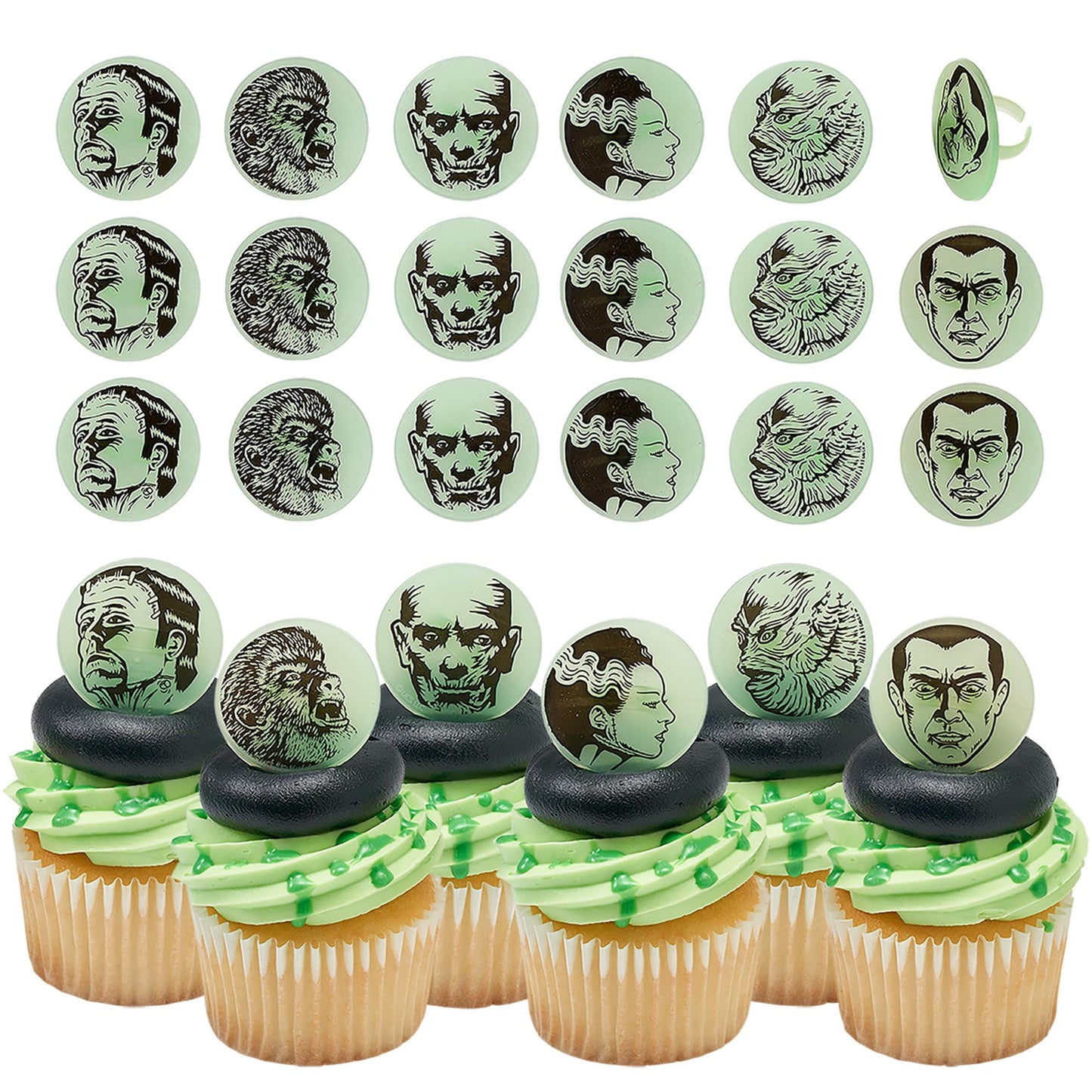 24 Universal Monsters Glow In The Dark Cupcake Rings, Halloween Cupcake Decorations, Including Dracula, Frankenstein, Wolf Man, The Mummy, Invisible Man, Food Safe Cupcake Toppers – 24 Pack